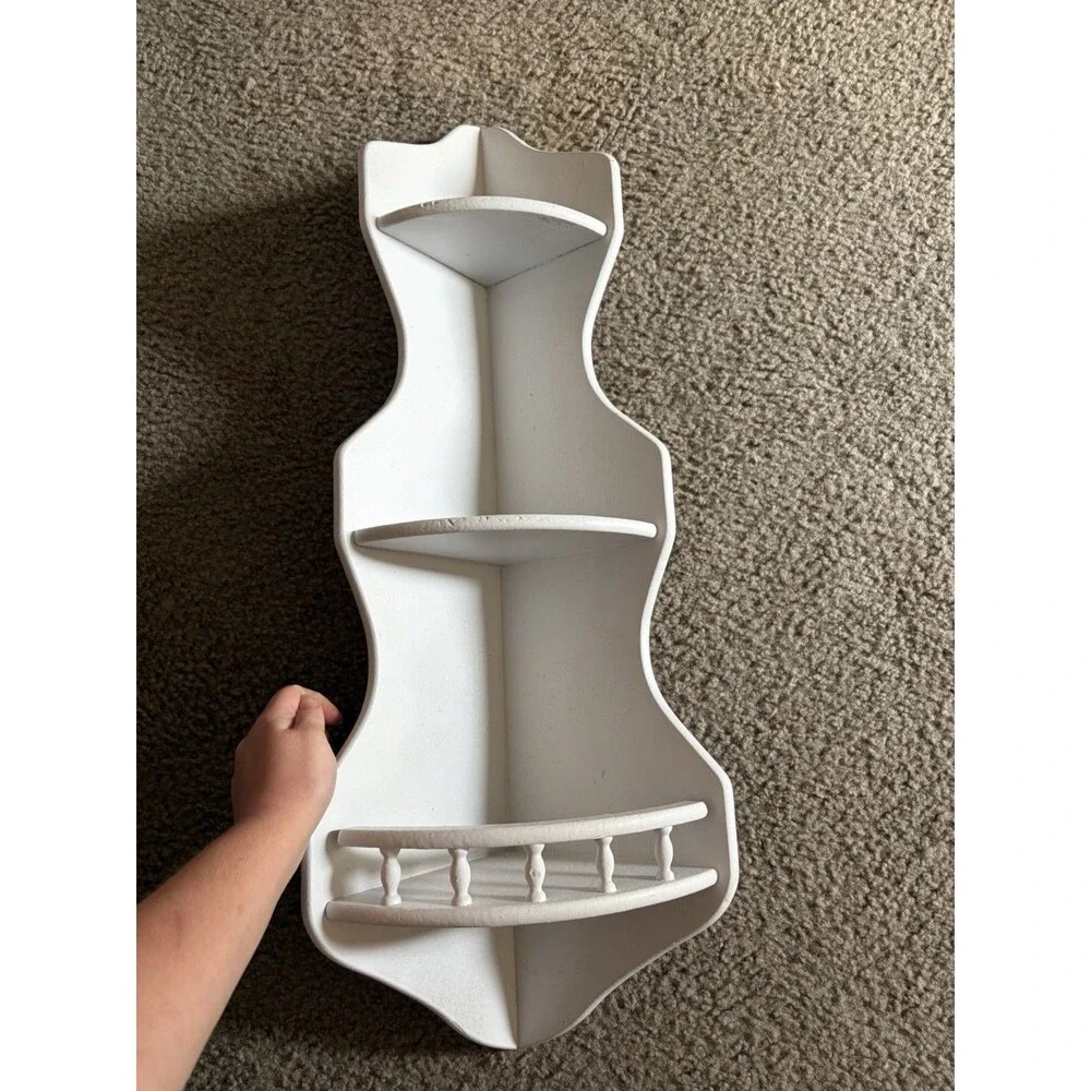 White Painted Wooden 3 Tier Corner Shelf W Rail Cottage Core